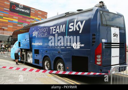 Sky Cycling Team coach near the finish line at the 1st stage of the Tour of Britain 2018 in the city of Newport South Wales GB UK 2018 Stock Photo