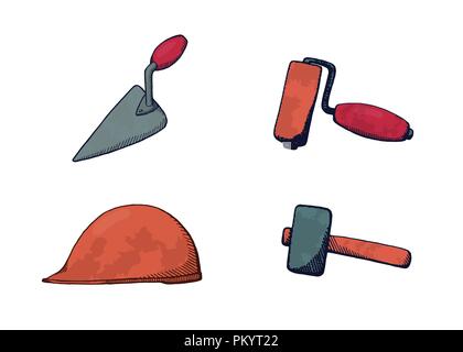 A set of construction tools. Bright design vector illustration. Hammer, spatula, helmet and brush roll. Stock Vector