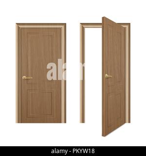 Vector realistic different opened and closed brown wooden door icon set closeup isolated on white background. Elements of architecture. Design template for graphics, Front view Stock Vector