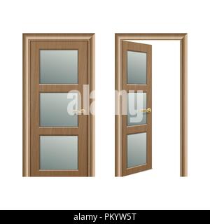 Vector realistic different opened and closed brown wooden door icon set closeup isolated on white background. Elements of architecture. Design template for graphics, Front view Stock Vector