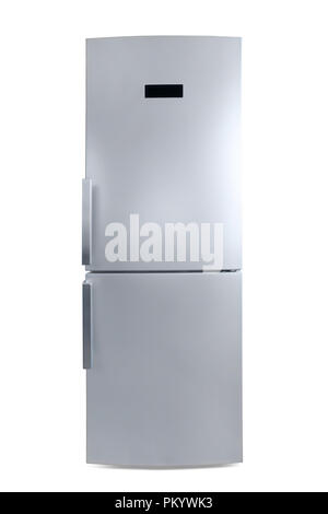 Large silver colored closed fridge front view. Isolated on white, clipping path included Stock Photo