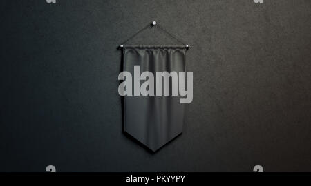 Blank black rhombus pennant mockup, hang on black wall in darkness, 3d rendering. Empty wall mounted flag mock up. Hanging penant template, front view. Stock Photo