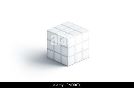 Blank white rubics cube mock up, isolated, 3d rendering. Empty rubik puzzle mockup, side view. Clear magic rebus box template. Cuboid conundrum toy for branding print Stock Photo