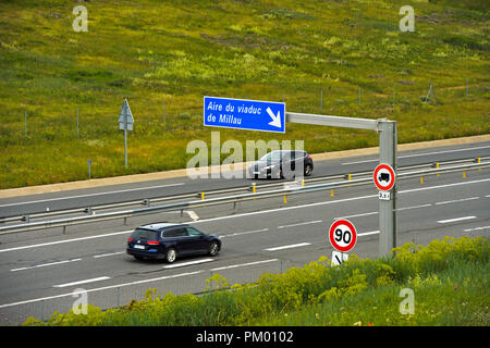 Exit on highway A75 to the Millau Viaduct, Millau-Creissels, Aveyron, France Stock Photo