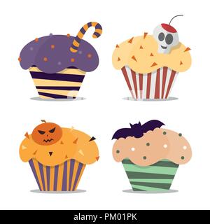 Cupcake happy halloween scary sweets. Vector cupcakes dessert food pumpkin party Stock Vector