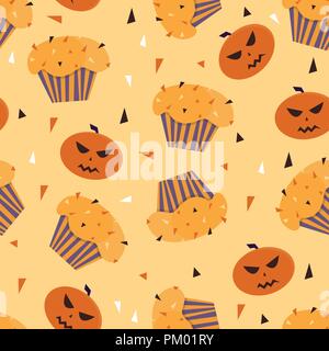 Happy Halloween cupcakes with cute halloween elements - seamless pattern Stock Vector