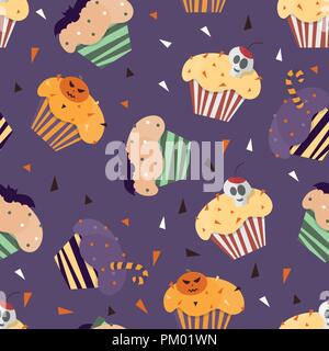 Happy Halloween cupcakes with cute halloween elements - seamless pattern Stock Vector