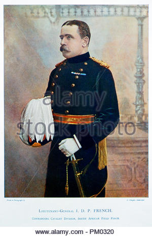 Field Marshal John Denton Pinkstone French, 1st Earl of Ypres, KP, GCB, OM, GCVO, KCMG, ADC, PC, 1852 –  1925, known as Sir John French from 1901 to 1916, and as The Viscount French between 1916 and 1922, was a senior British Army officer. Colour illustration from 1900 Stock Photo