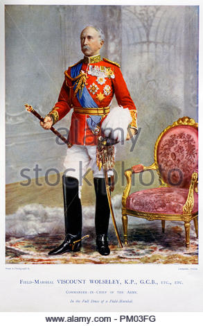 Field Marshal Garnet Joseph Wolseley, 1st Viscount Wolseley KP, GCB, OM, GCMG, VD, PC, 1833 – 1913, was an Anglo-Irish officer in the British Army.  Colour illustration from 1900 Stock Photo