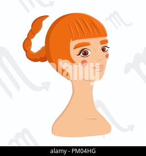 Scorpio zodiac sign isolated on white background. Ginger girl with pointy braid hairstyle on astrology seamless background. Stock Vector