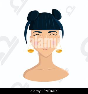 Libra zodiac sign isolated on white background.  Asian girl with scales earrings on astrology seamless background. Stock Vector