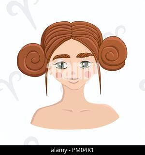 Brown-haired girl on astrology seamless background. Aries zodiac sign isolated on white background. Stock Vector