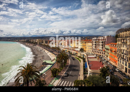City skyline of Nice in France, beach along Promenade des Anglais on French Riviera Stock Photo