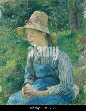 Peasant Girl with a Straw Hat. Dated: 1881. Dimensions: overall: 73.34 × 59.53 cm (28 7/8 × 23 7/16 in.)  framed: 90.17 x 75.88 x 6.99 cm (35 1/2 x 29 7/8 x 2 3/4 in.). Medium: oil on canvas. Museum: National Gallery of Art, Washington DC. Author: CAMILLE PISSARRO. Stock Photo