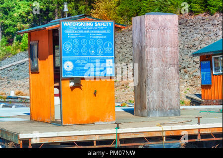 Detroit, Oregon, USA - October 6, 2015:  Kane's Marina always sits high and dry after the annual release of the water on Detroit Lake. Stock Photo