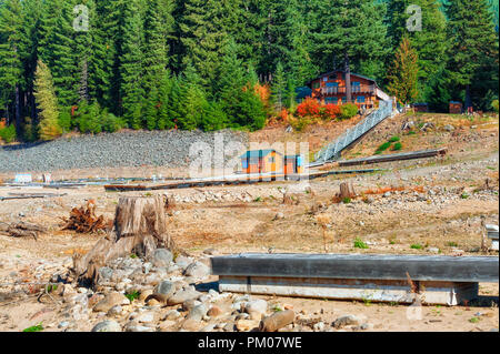 Detroit, Oregon, USA - October 6, 2015:   Kane's Marina always sits high and dry after the annual release of the water on Detroit Lake. Stock Photo