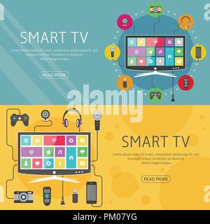 Smart TV flat design concept and banners. Modern digital devices connected to a television. Stock Vector