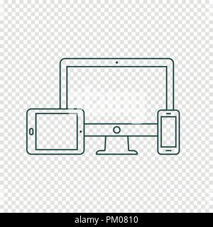 Desktop computer, tablet pc and mobile phone line icons Stock Vector