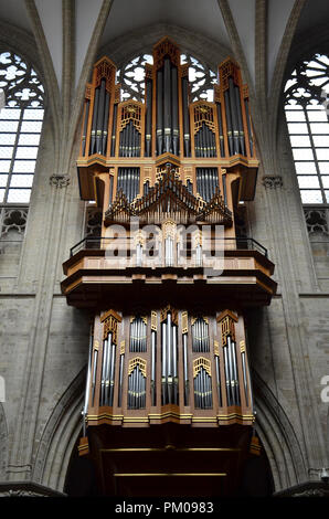 Pipe organ in the old European church in Belgium. Stock Photo