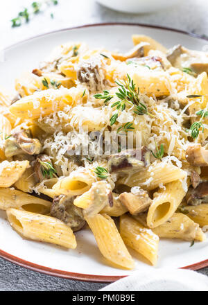 Pasta with white mushrooms in creamy sauce. Stock Photo