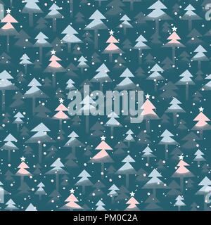 Cute trendy abstract Christmas teal, pink and blue shaded trees, stars, snow on woodland background vector seamless pattern. Winter Wonderland Holiday Stock Vector
