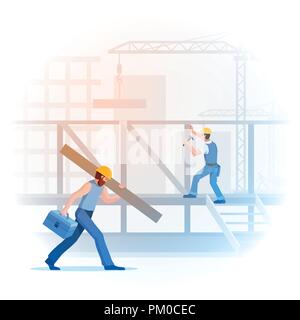 Building under construction with workers. Vector illustration. Elements are layered separately in vector file. Stock Vector