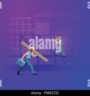 Building under construction with workers. Vector illustration. Elements are layered separately in vector file. Stock Vector
