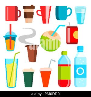 Drink Icons Vector. Soda, Fast Food, Coffee, Coctail. Mug, Bottled Beverage, Vitamin Juice, Sparkling. Soft And Energy . Isolated Cartoon Illustration Stock Vector