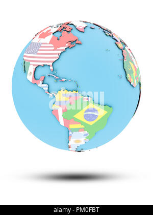 Caribbean on political globe with national flags isolated on white background. 3D illustration. Stock Photo