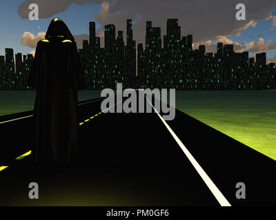 Figure in black cloak on a road to night city. Stock Photo