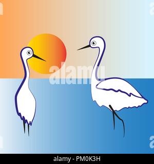 Two white herons stand in the lake in the evening. Stock Vector