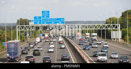 View looking down on traffic on the M25 London orbital motorway near junction 21 in Hertfordshire Stock Photo