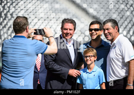 New York Jets hall of fame quarterback Joe Namath and Don Maynard (13)  stand on the field during a ceremony honoring the Super bowl III Jets at  halftime of the New York