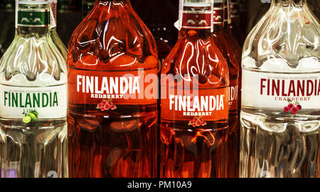 Kiev, Ukraine. 14th Sep, 2018. Various Finlandia vodka. Finlandia is a vodka produced in Finland from Finnish-grown six-row barley and glacial spring water. The barley is distilled into a neutral spirit using a continuous multi-pressure distillation system at a distillery in the village of Koskenkorva operated by Finland's Altia Corporation. Credit: Igor Golovniov/SOPA Images/ZUMA Wire/Alamy Live News Stock Photo