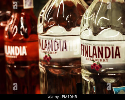 Kiev, Ukraine. 14th Sep, 2018. Various Finlandia vodka. Finlandia is a vodka produced in Finland from Finnish-grown six-row barley and glacial spring water. The barley is distilled into a neutral spirit using a continuous multi-pressure distillation system at a distillery in the village of Koskenkorva operated by Finland's Altia Corporation. Credit: Igor Golovniov/SOPA Images/ZUMA Wire/Alamy Live News Stock Photo