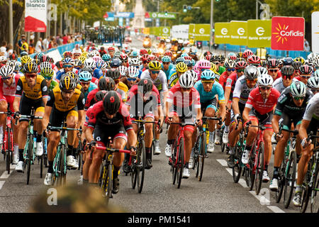 Madrid, Spain. 16th Sept, 2018. Last stage of La Vuelta 2018 in Madrid, Spain. La Vuelta is the most important cycling race in Spain and is celebrated every year like the Tour de France and the Giro d'Italia. In these snapshots we see images of the peloton on the streets of Madrid before its end. Credit: EnriquePSans/Alamy Live News Stock Photo