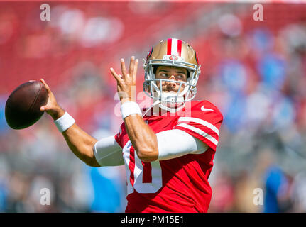 San Francisco, California, USA. 16th Sep, 2018. Setember 16, 2018: San Francisco 49ers quarterback Jimmy Garoppolo (10) warms up prior to the NFL football game between the Detroit Lions and the San Francisco 49ers at Levi's Stadium in Santa Clara, CA. Damon Tarver/Cal Sport Media Credit: Cal Sport Media/Alamy Live News Credit: Cal Sport Media/Alamy Live News Stock Photo