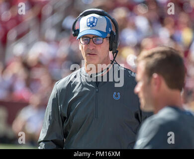 Indianapolis Colts head coach Frank Reich on the sidelines during the fourth quarter against the Washington Redskins at FedEx Field in Landover, Maryland on Sunday, September 16, 2018. The Colts won the game 21 - 9. Credit: Ron Sachs/CNP | usage worldwide Stock Photo
