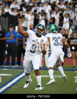 September 15, 2018: Eastern Michigan Eagles quarterback Mike Glass III (9) throws one of his 17 completions during the first half of play in the NCAA football game between the Eastern Michigan Eagles and Buffalo Bulls at UB Stadium in Amherst, N.Y. Buffalo defeated Eastern Michigan 35-28 to improve their record to 3-0 for the first time as an FBS program. (Nicholas T. LoVerde/Cal Sport Media) Stock Photo