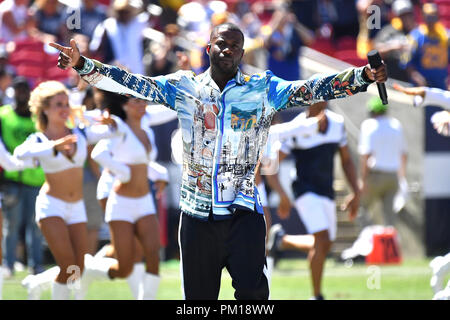 Los Angeles, CA, USA. 16th Sep, 2018. Rapper Jay Rock performs before the NFL football game against the Arizona Cardinals at the Los Angeles Memorial Coliseum in Los Angeles, California.Mandatory Photo Credit: Louis Lopez/CSM/Alamy Live News