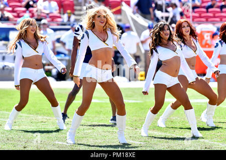 Los Angeles, CA, USA. 16th Sep, 2018. Los Angeles Rams Cheerleaders perform during the NFL football game against the Arizona Cardinals at the Los Angeles Memorial Coliseum in Los Angeles, California.Mandatory Photo Credit: Louis Lopez/CSM/Alamy Live News