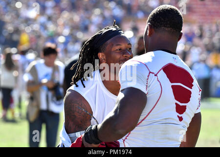 East Rutherford, New Jersey, USA. 9th Sep, 2018. New York Giants wide  receiver Odell Beckham (13) and Jacksonville Jaguars cornerback Jalen Ramsey  (20) swap jerseys after a NFL game between the Jacksonville