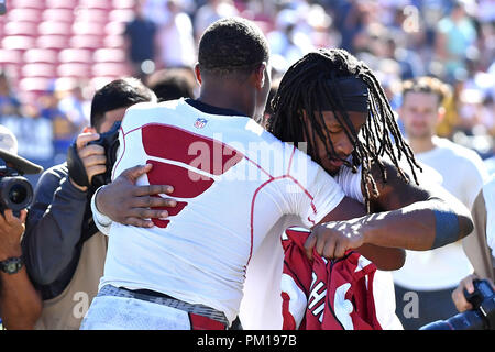 East Rutherford, New Jersey, USA. 9th Sep, 2018. New York Giants wide  receiver Odell Beckham (13) and Jacksonville Jaguars cornerback Jalen Ramsey  (20) swap jerseys after a NFL game between the Jacksonville