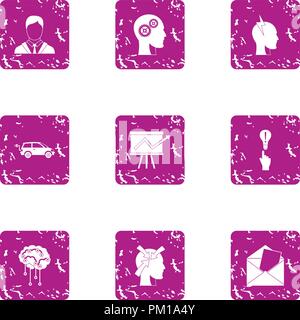 Brain function icons set, grunge style Stock Vector
