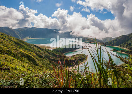 view of Lagoa do Fogo lake of fire on the island of sao miguel azores  a crater lake within the Água de Pau Massif stratovolcano Stock Photo
