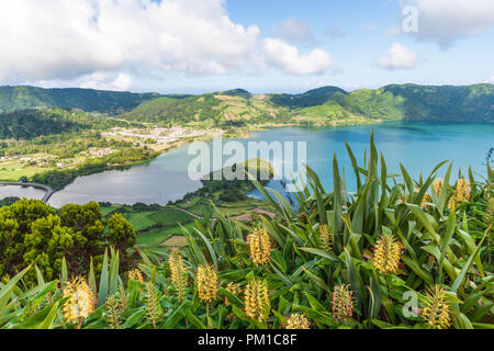 Lagoa das Sete Cidades is a twin lake situated in the crater of a dormant volcano on the Portuguese archipelago of the Azores Stock Photo