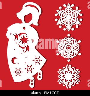 White Christmas flying Angel with star in his hands on the red background. Silhouette of Angel may use for card, laser. cutting, plotter cutting. Snowllakes. Stock Vector