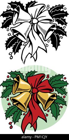 Christmas bells with holly leaves and bow. Black and white coloring ...