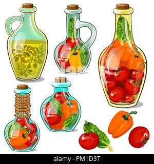 Set of decorative glass bottles with pickled ripe vegetables. Element of interior design on theme of harvest and thanksgiving day isolated on a white background. Vector cartoon close-up illustration. Stock Vector