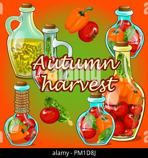 Poster or card with decorative glass bottles with pickled ripe vegetables. Theme of harvest and thanksgiving day. Vector cartoon close-up illustration. Stock Vector